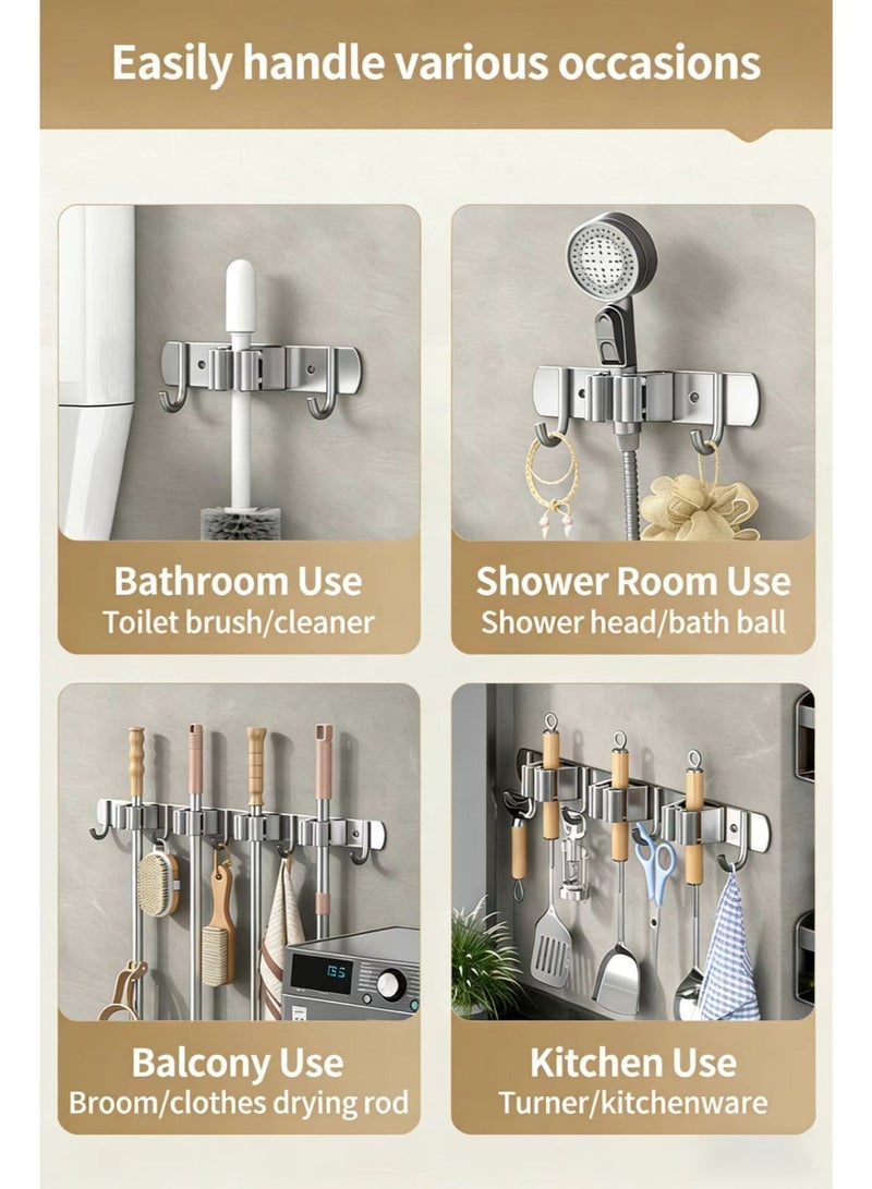 حامل المكانس، ملصقات الغراء أو شماعة الممسحة والمكنسة المثبتة على الحائط، رف تخزين جداري للمرآب، منظم أدوات المطبخ والحديقة (3 رفوف مع 4 خطاطيف، فضي) - Image 5